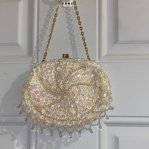 Elegant White/Ivory Iridescent Sequin Purse with Gold Chain